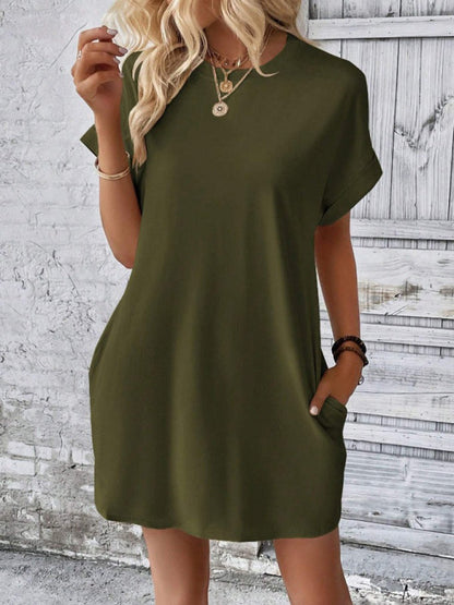 Summer Dresses- Women's Crew Neck Tee Dress in Solid Color- - Pekosa Women Fashion