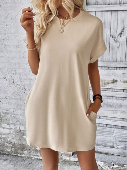 Summer Dresses- Women's Crew Neck Tee Dress in Solid Color- - Pekosa Women Fashion