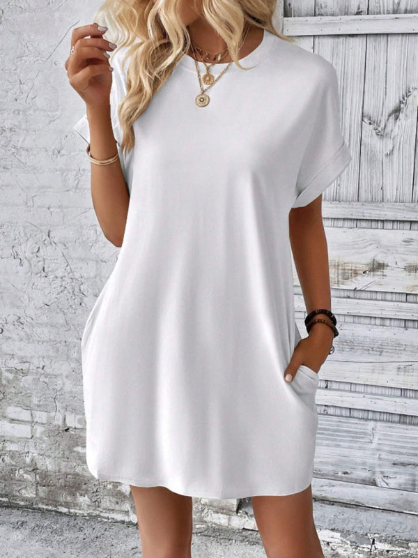 Summer Dresses- Women's Crew Neck Tee Dress in Solid Color- - Pekosa Women Fashion