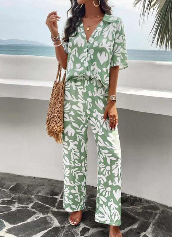 Summer Outfits- Vacation Tropical Print 2-Piece Pants and Shirt Combo- Green- Pekosa Women Clothing