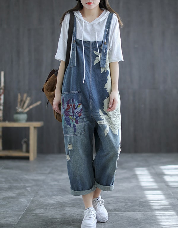 Summer Denim Overalls Retro Printed Jumpsuit Accessories 51.30