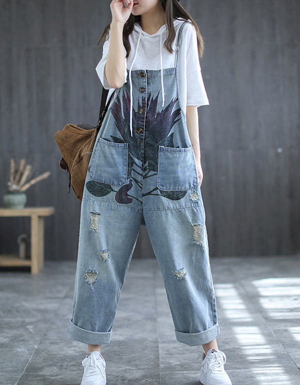 Summer Denim Overalls Retro Printed Jumpsuit Accessories 51.30