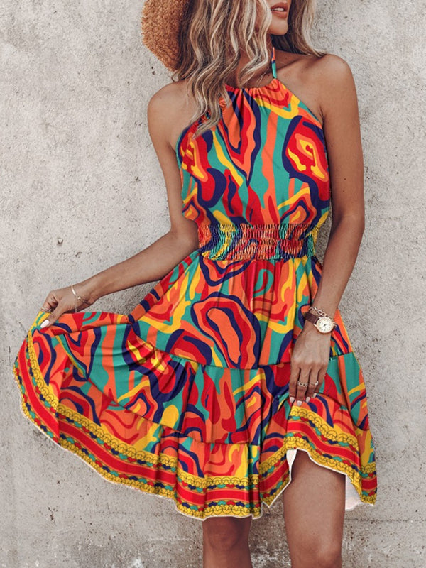 Sundresses- Women's Vibrant Colorful Blouson Halter Sundress- Orange- Pekosa Women Fashion