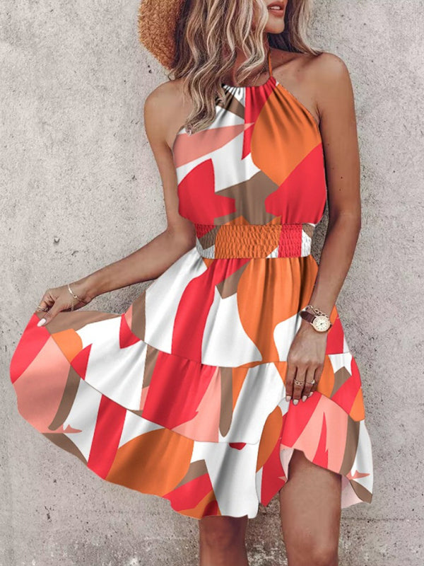 Sundresses- Women's Vibrant Colorful Blouson Halter Sundress- Orange Red- Pekosa Women Fashion