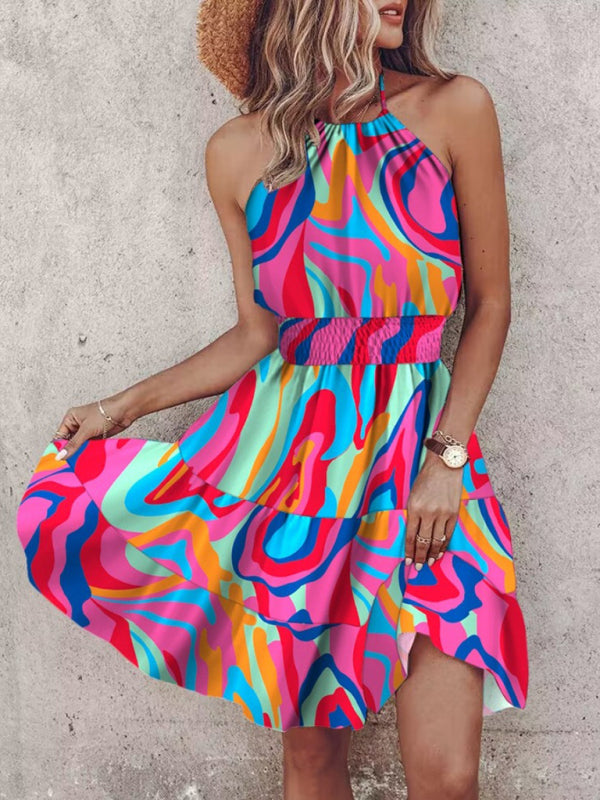 Sundresses- Women's Vibrant Colorful Blouson Halter Sundress- - Pekosa Women Fashion