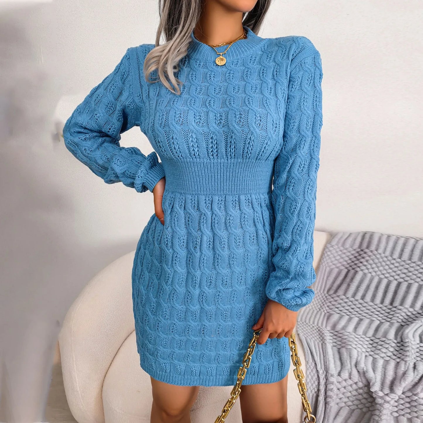 Sweater Dresses- Cable Knit Winter Sweater Dress