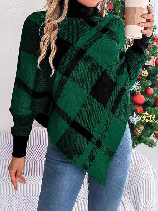 Sweater Ponchos- Fancy Plaid Turtleneck Long Sleeve Poncho Sweater- - IndioGear.com