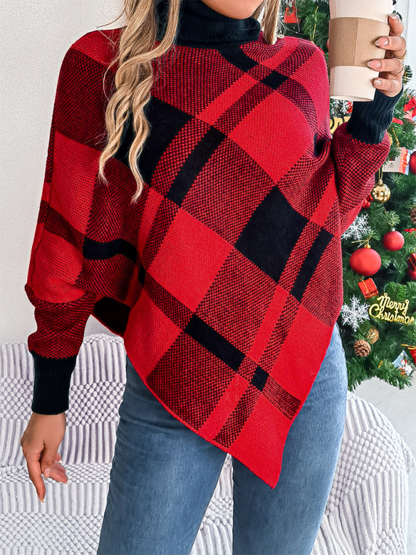 Sweater Ponchos- Fancy Plaid Turtleneck Long Sleeve Poncho Sweater- - IndioGear.com