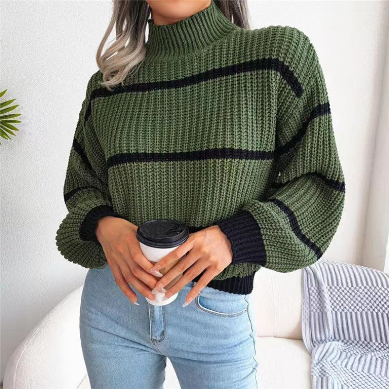 Sweaters- Cozy Chic: Winter's High Neck Stripe Sweater Jumper- Green- IndioGear Clothing and Gear