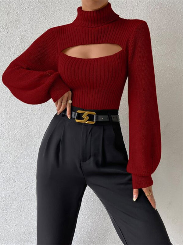 Sweaters- Elegant Rib-Knit Turtleneck Sweater with Cutout Front- - IndioGear Clothing and Gear