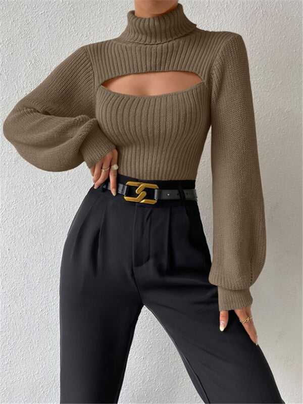 Sweaters- Elegant Rib-Knit Turtleneck Sweater with Cutout Front- - IndioGear Clothing and Gear