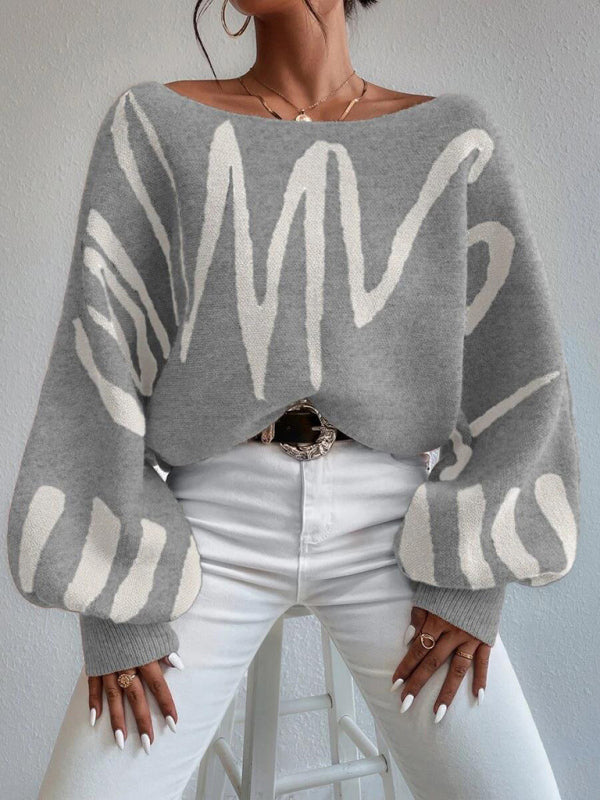 Slouchy Boatneck Balloon Sleeve Abstract Knit Sweater Jumper | Sweaters | Pekosa Women Clothing