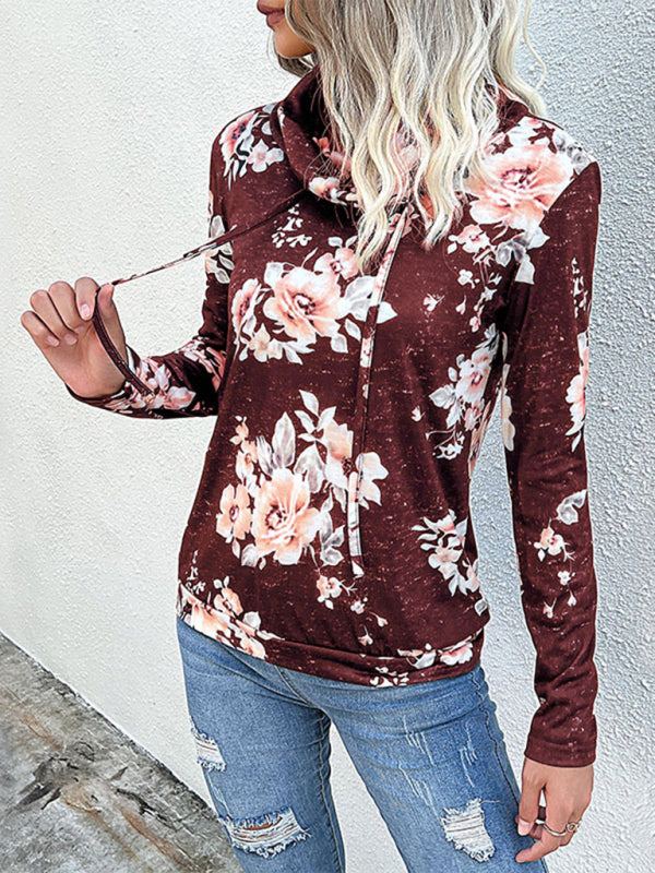 Sweatshirts- Floral Cowl Neck Sweatshirt - Adjustable Drawstring, Long Sleeve Top- - Pekosa Women Clothing