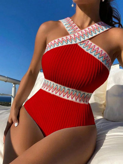 Swimsuits- Sporty Ribbed Criss-Cross One-Piece Swimsuit with Chevron Binding- - Pekosa Women Clothing