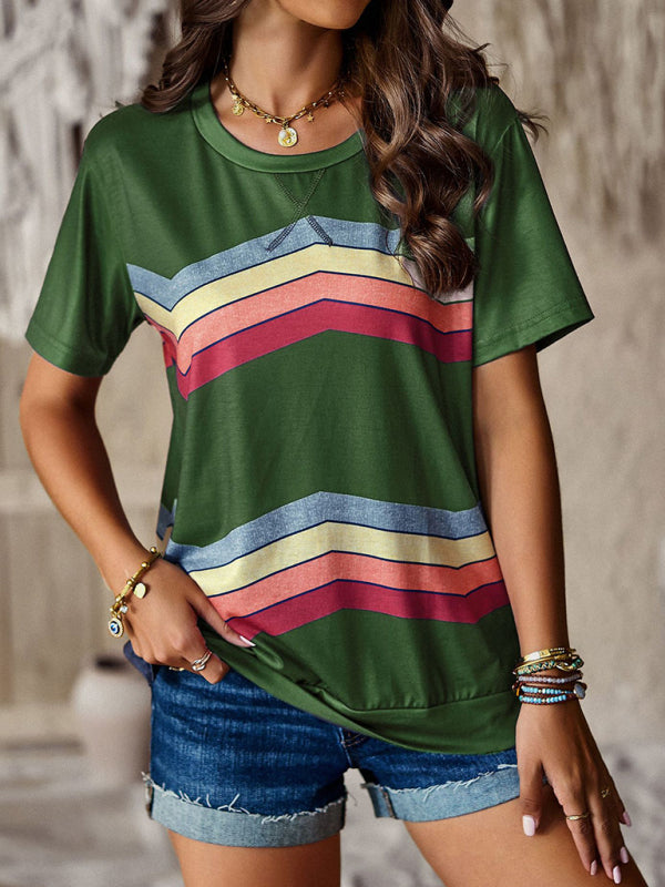 T-shirts- Rainbow Stripe Print Short Sleeve T-Shirt- - Pekosa Women Clothing