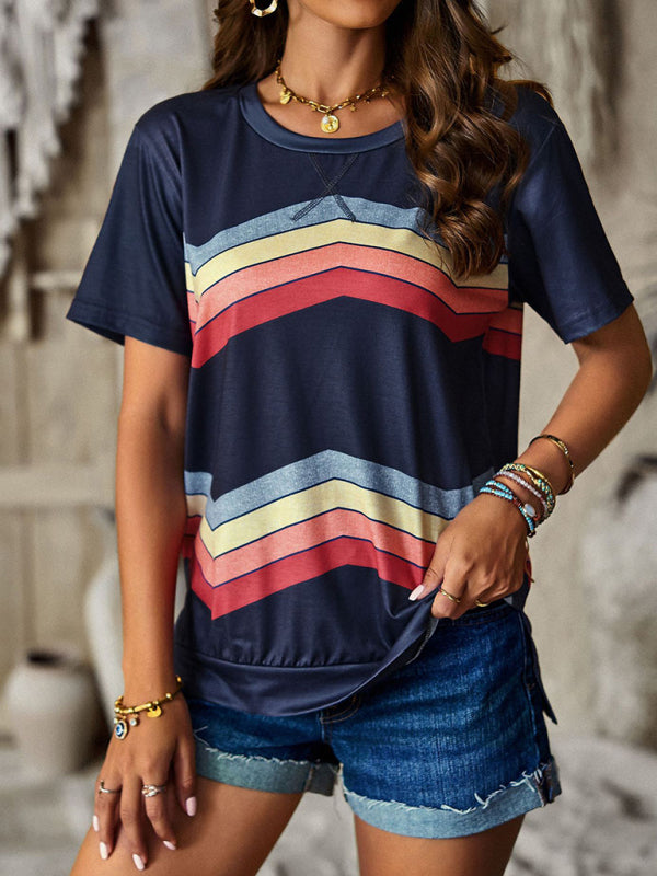 T-shirts- Rainbow Stripe Print Short Sleeve T-Shirt- - Pekosa Women Clothing