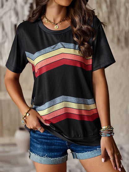 T-shirts- Rainbow Stripe Print Short Sleeve T-Shirt- - Pekosa Women Clothing