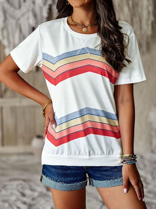 T-shirts- Rainbow Stripe Print Short Sleeve T-Shirt- - Pekosa Women Clothing