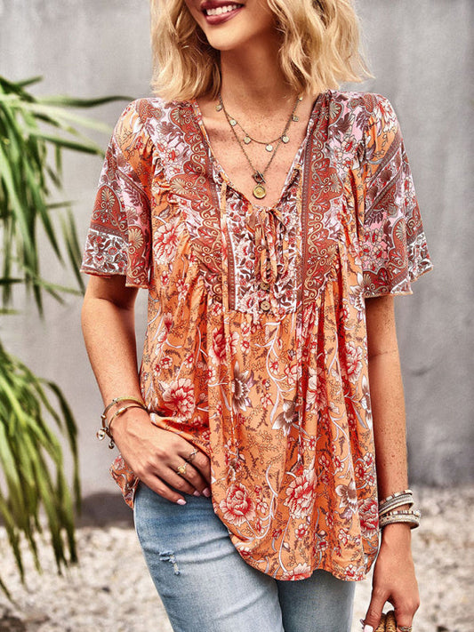 Top- Boho Floral Summer Short Sleeve Blouse for Any Occasion- - Pekosa Women Clothing