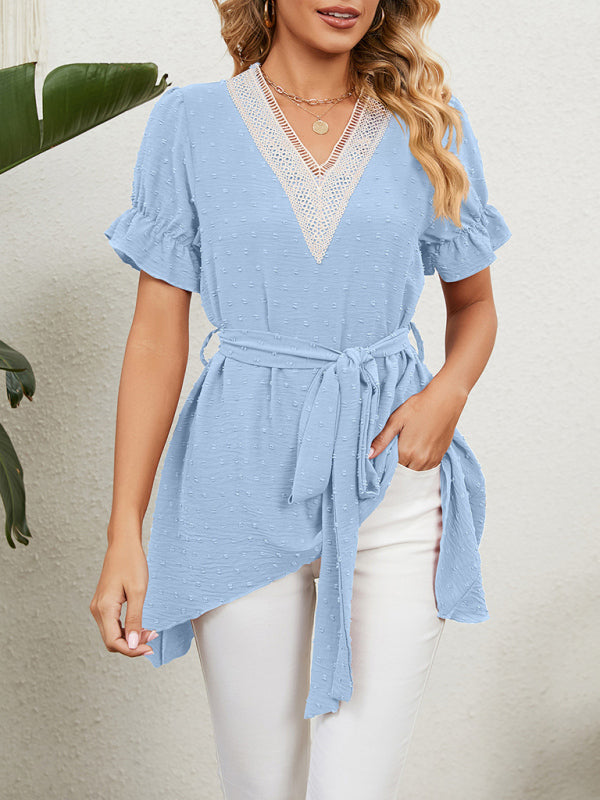 Tops- Tie-Front Chiffon Blouse with Asymmetrical Hem and Lace Accents- - Pekosa Women Clothing