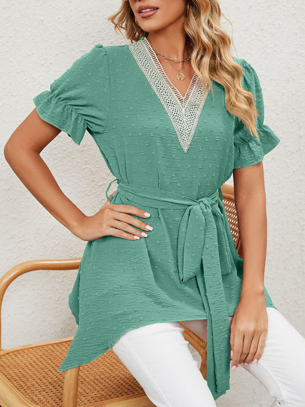 Tops- Tie-Front Chiffon Blouse with Asymmetrical Hem and Lace Accents- - Pekosa Women Clothing