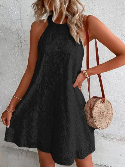 Tunic Dress- Chic and Breezy Eyelet Mini Tunic Dress for Women- Black- Pekosa Women Clothing