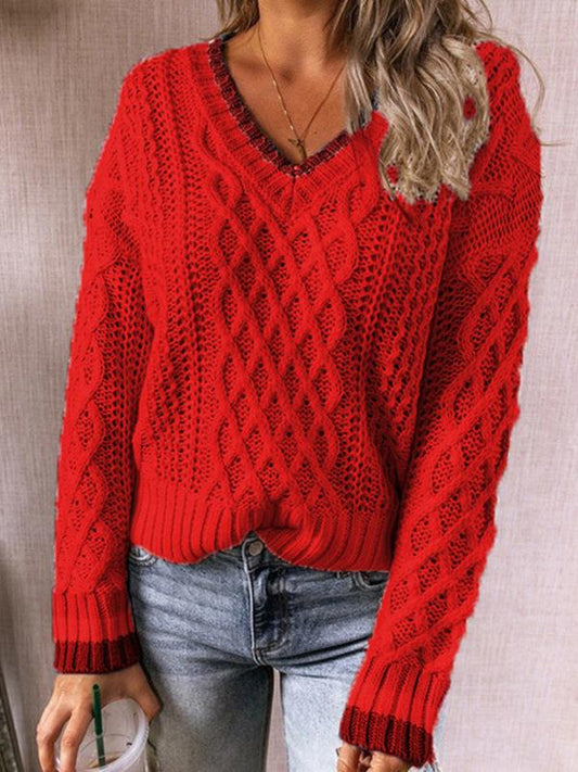 Twisted V-Neck Knitted Long Sleeve Sweater Shopvhs.com