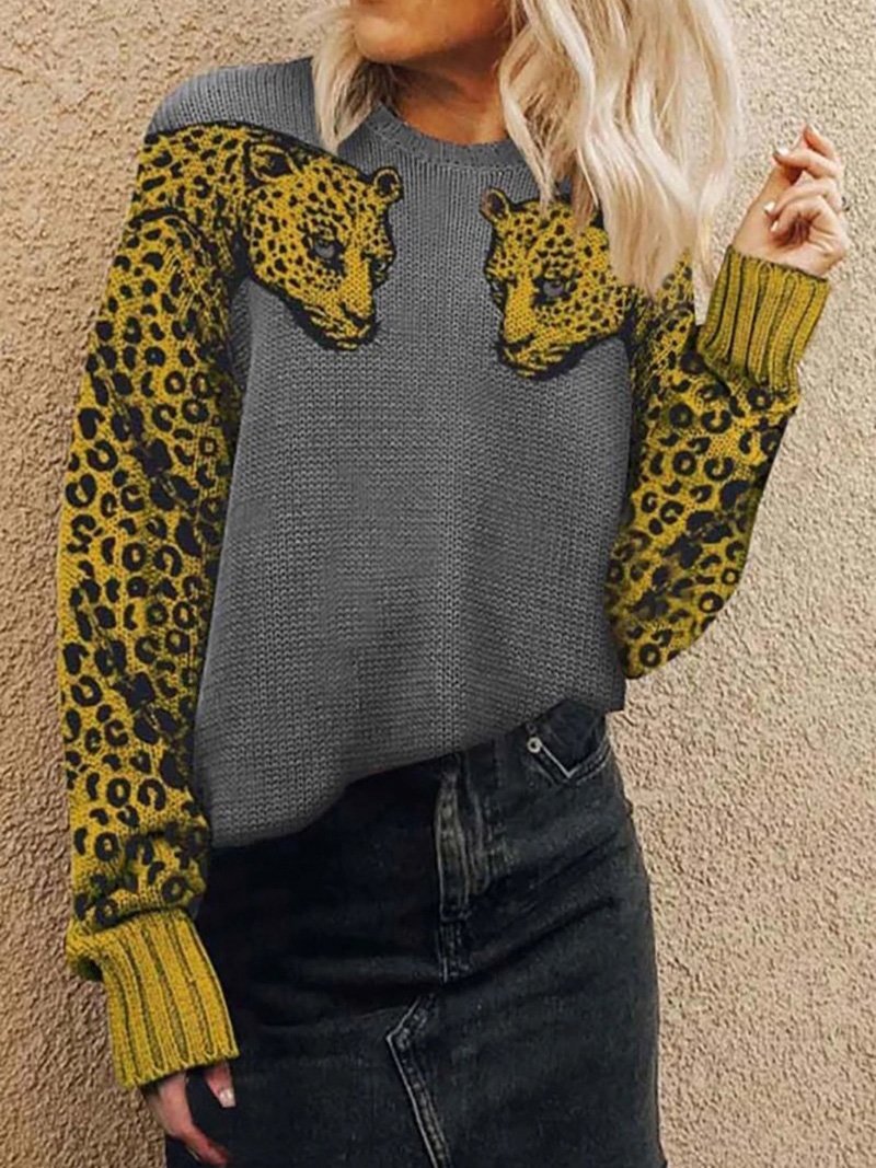 Two Leopards Round Neck Long Sleeve Sweater Shopvhs.com