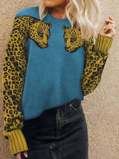 Two Leopards Round Neck Long Sleeve Sweater Shopvhs.com