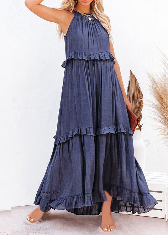 Unique Blue Ruffled Patchwork Holida Long Dress Summer VB1038 Ada Fashion