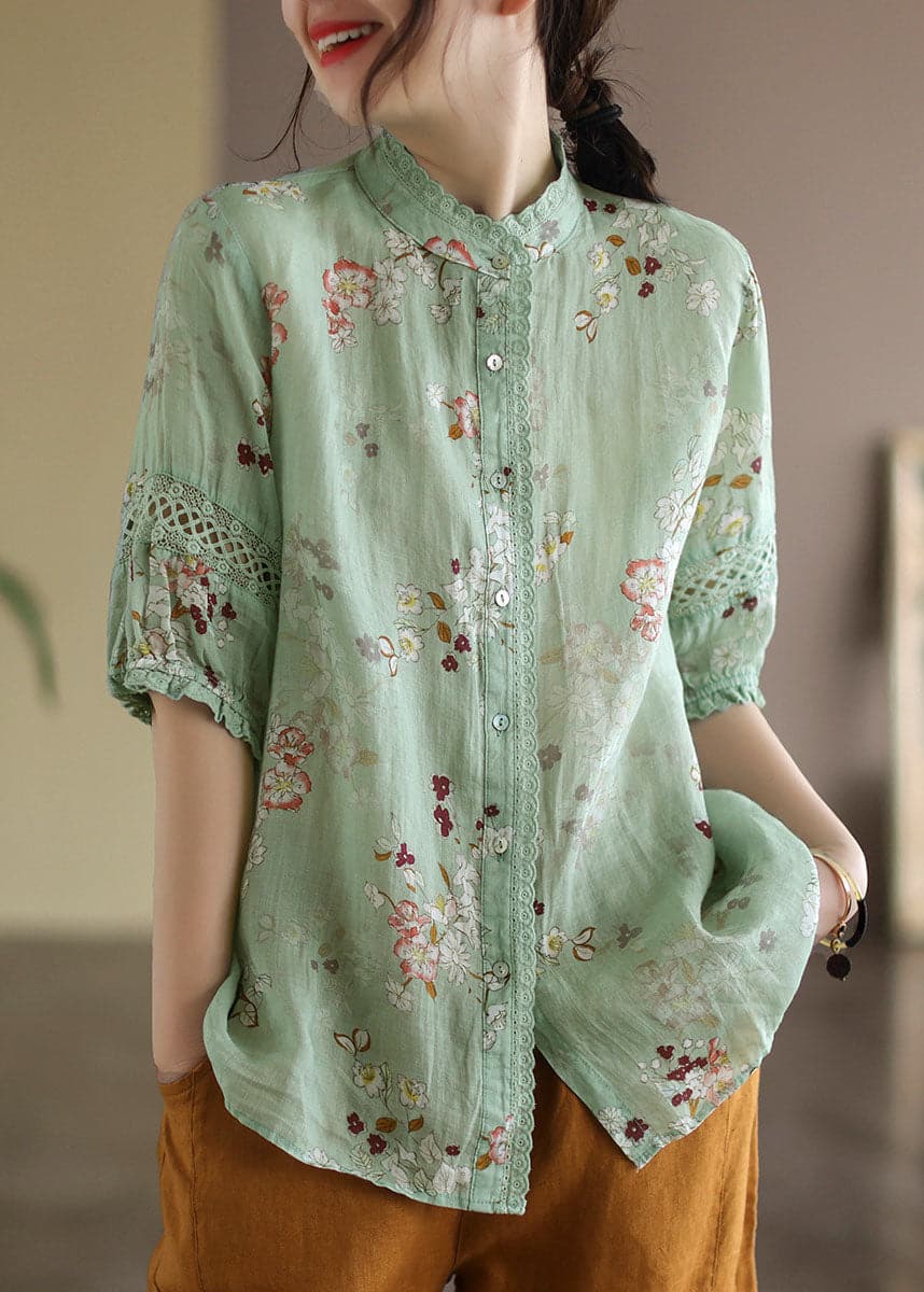 Unique Green Stand Collar Lace Patchwork Linen Top Half Sleeve GK-HTP220516