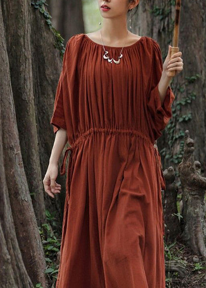 Unique Red O-Neck Drawstring Maxi Dresses Half Sleeve GH1071 Ada Fashion