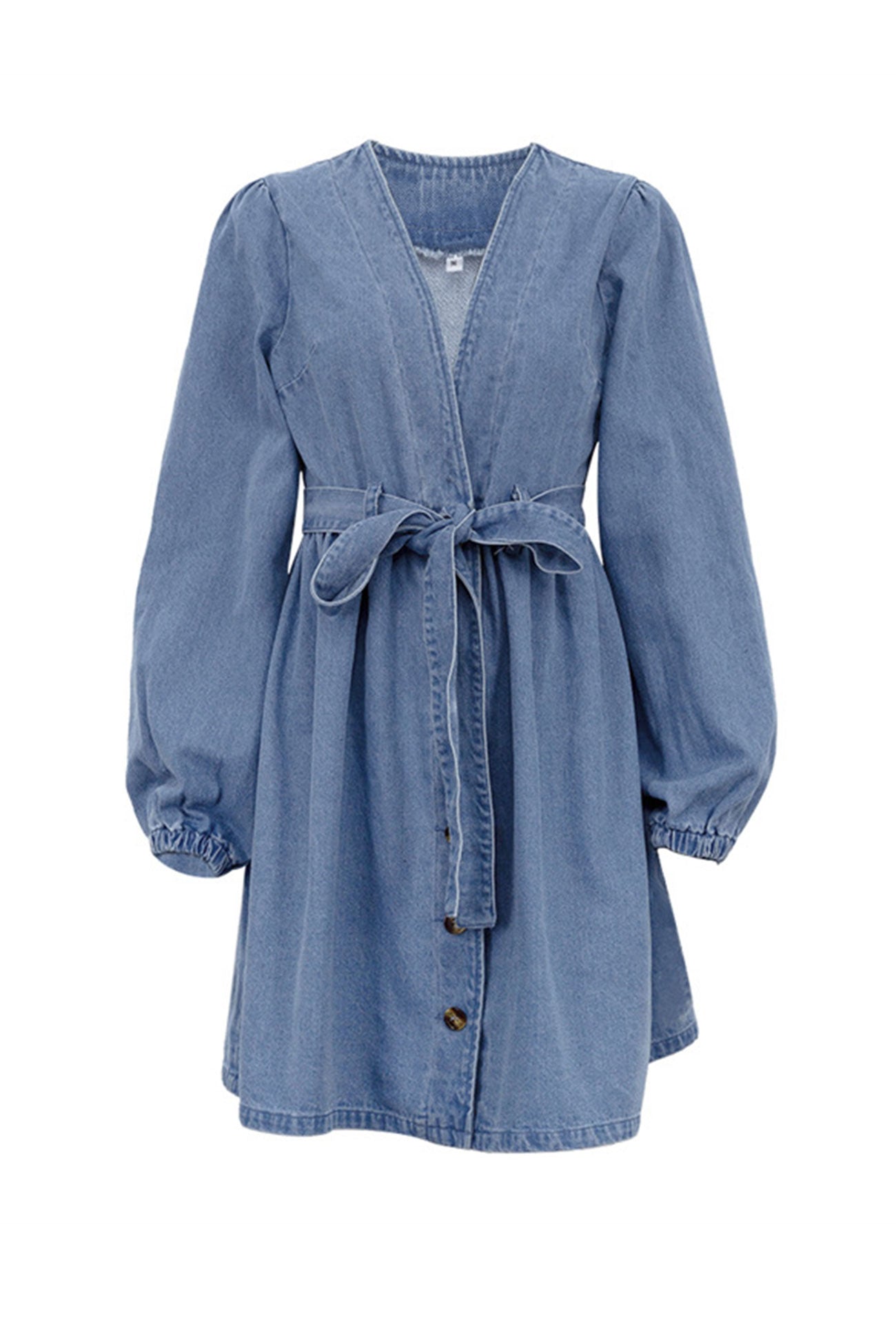 Felicity® | V Neck Button Front Lace Up Denim Dress