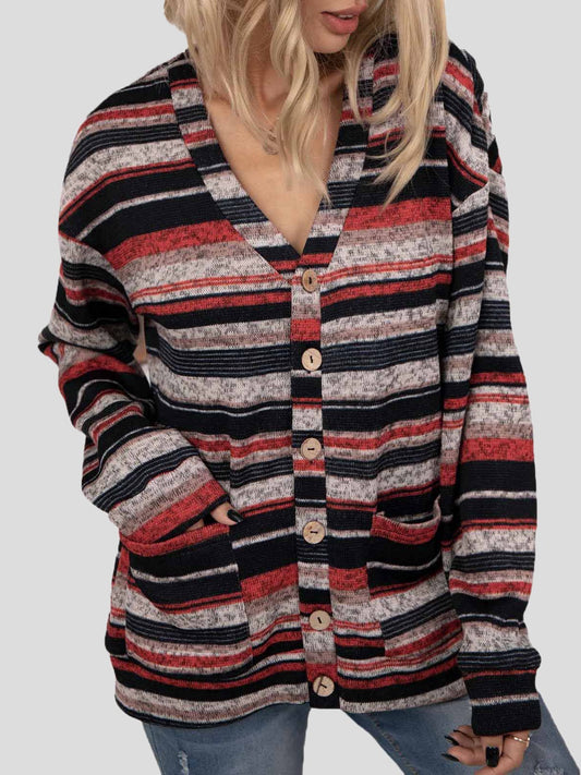 V-Neck Button Pocket Long Sleeve Knitted Cardigan Shopvhs.com