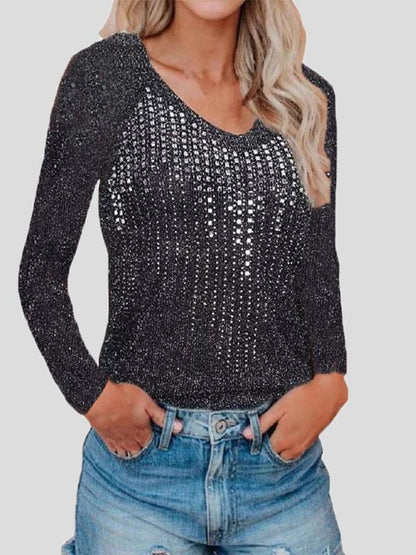 V-Neck Long Sleeve Nightclub Sparkling Diamond-Studded Knitted Sweater Shopvhs.com