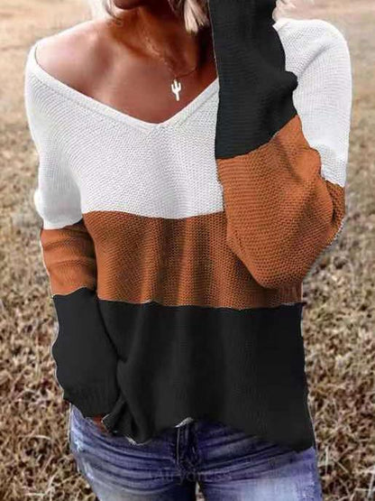 V-Neck Long Sleeve Striped Knitted Sweater Shopvhs.com