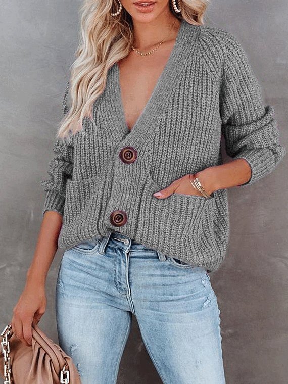 V-Neck Single-Breasted Long Sleeve Sweater Cardigan Shopvhs.com