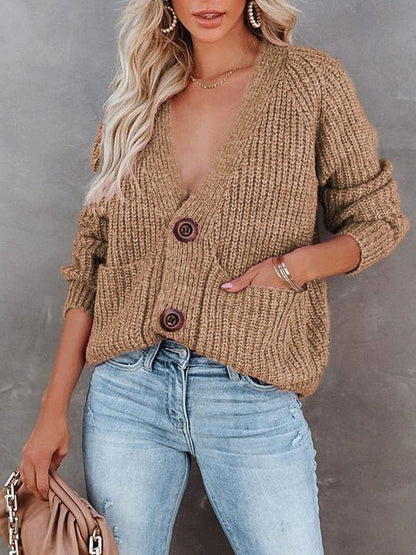 V-Neck Single-Breasted Long Sleeve Sweater Cardigan Shopvhs.com