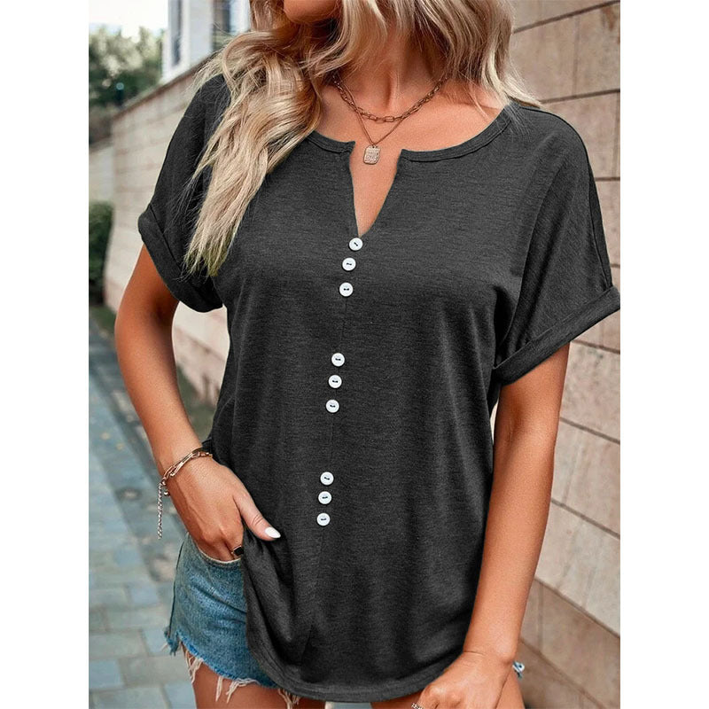 Vivian® | V-Ausschnitt Kurzarm Tops Shirt Sommer Knopf Design Bluse