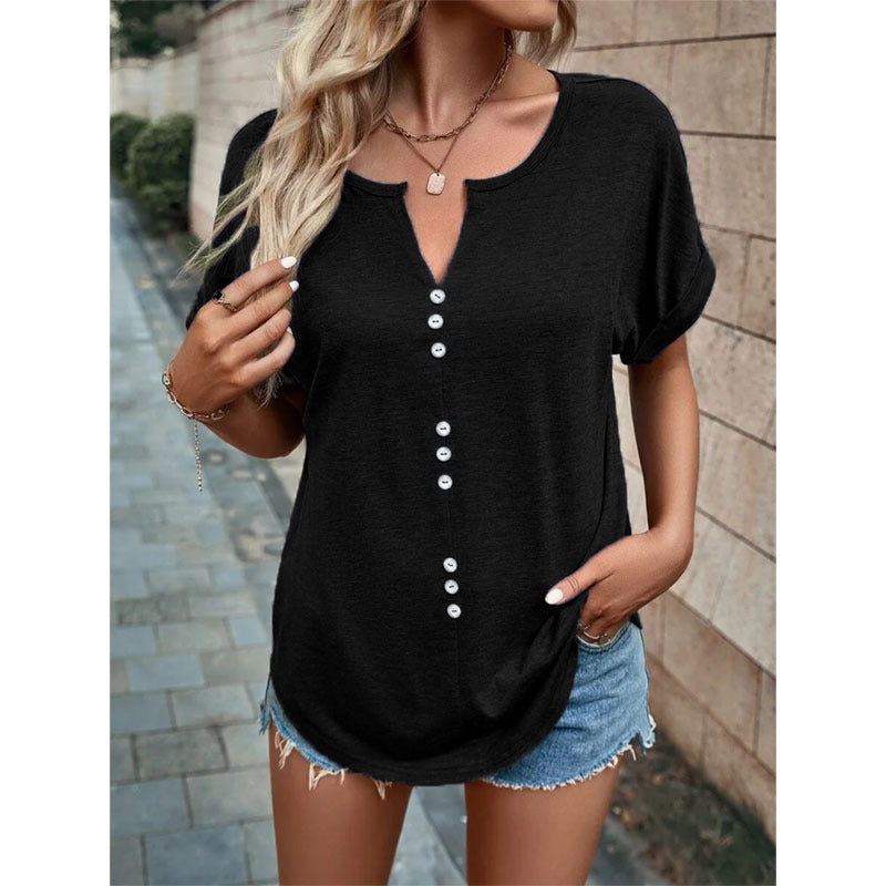 Vivian® | V-Ausschnitt Kurzarm Tops Shirt Sommer Knopf Design Bluse