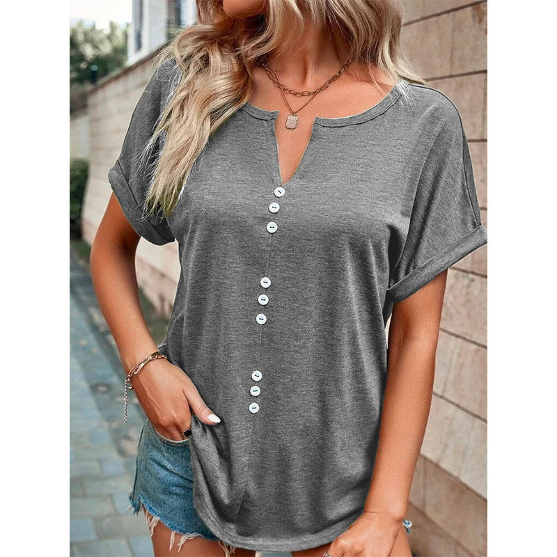 Vivian® | V-Ausschnitt Kurzarm Tops Shirt Sommer Knopf Design Bluse