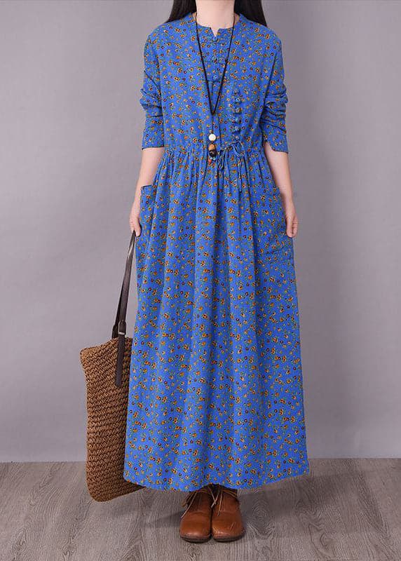 Vintage Blue O-Neck Wrinkled Print Linen Dress Long Sleeve GK-SDL220418