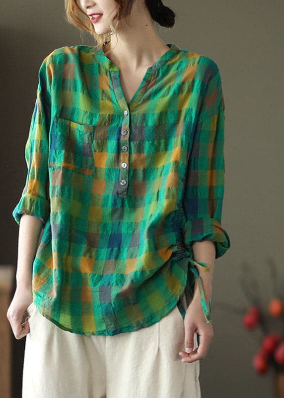 Vintage Green Loose Plaid drawstring Fall Long sleeve Shirt GK-LTP211019