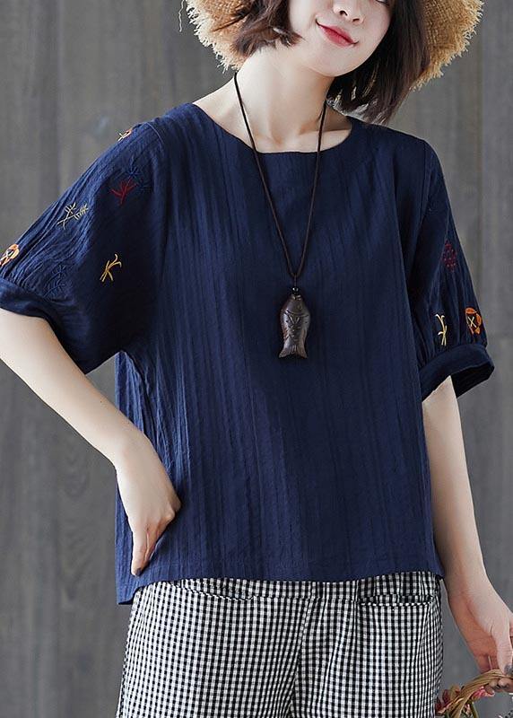 Vintage Navy Embroideried Cotton Linen T Shirts Summer - SooLinen