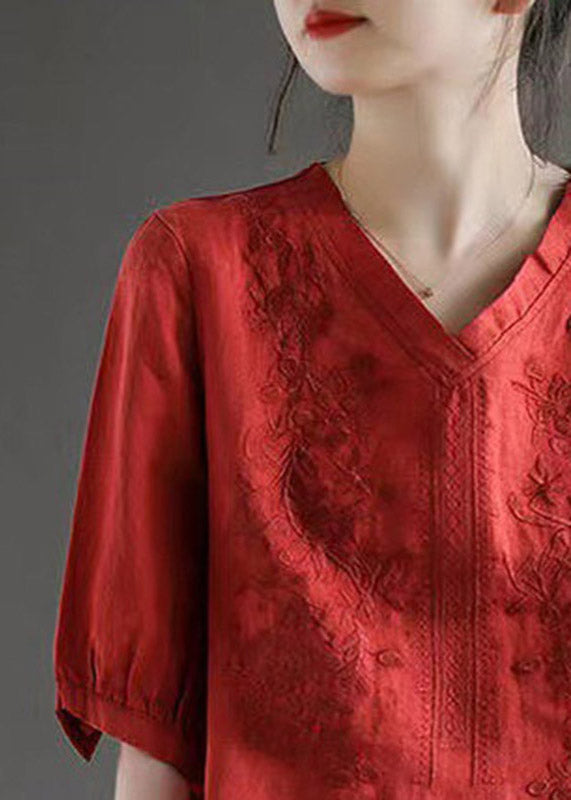 Eri® | Vintage Rot V-Ausschnitt Besticktes Top Halbe Ärmel