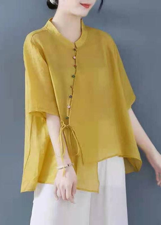 Vintage Yellow Solid Stand Collar Asymmetrical Design Shirt Top Half Sleeve gk-HTP220425