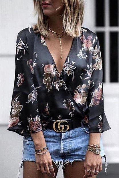 Deep V-Neck Flare Sleeve Print Top