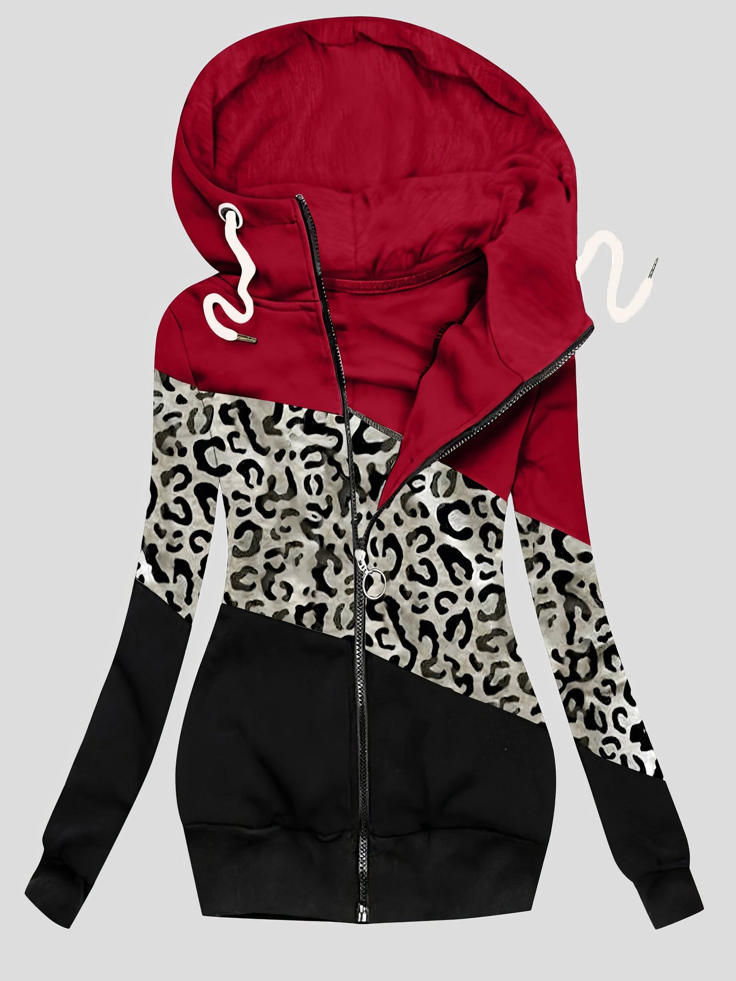 Coats - Three-Color Leopard Print Zip Drawstring Hooded Coat - MsDressly