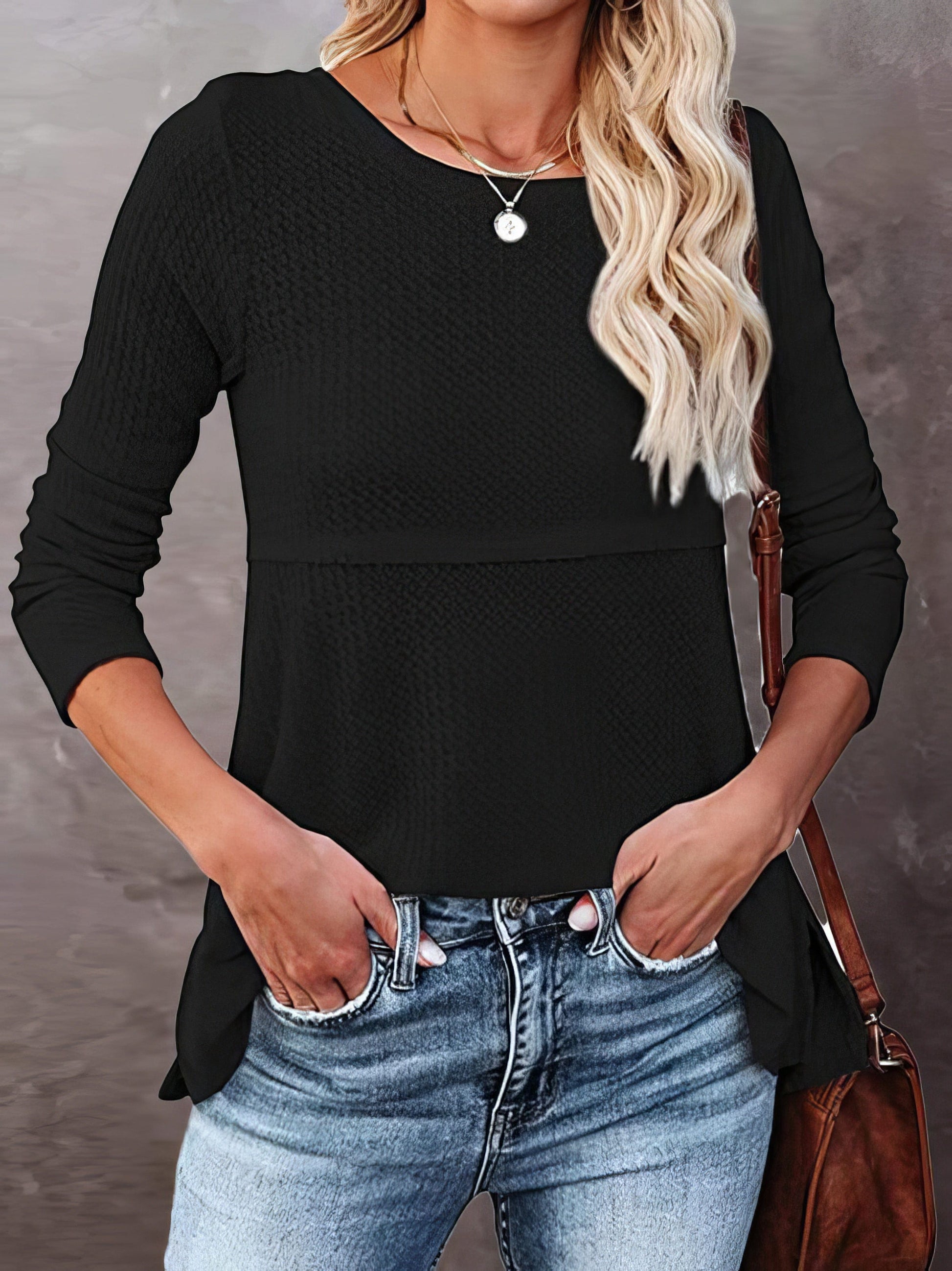 T-Shirts - Waffle Round Neck Long Sleeve T-Shirts - MsDressly