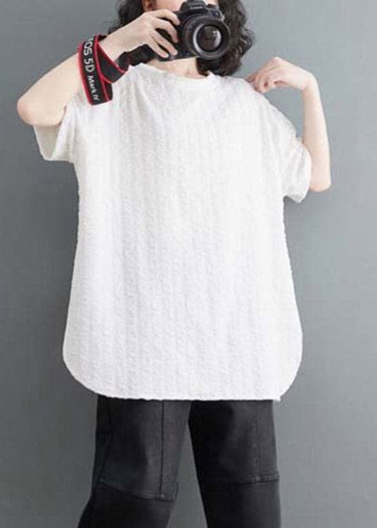 White O-Neck Side Open Cotton Top Short Sleeve gk-STP220722